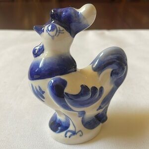 Russian Gzhel Blue & White Rooster Figurine Hand Painted 4” tall